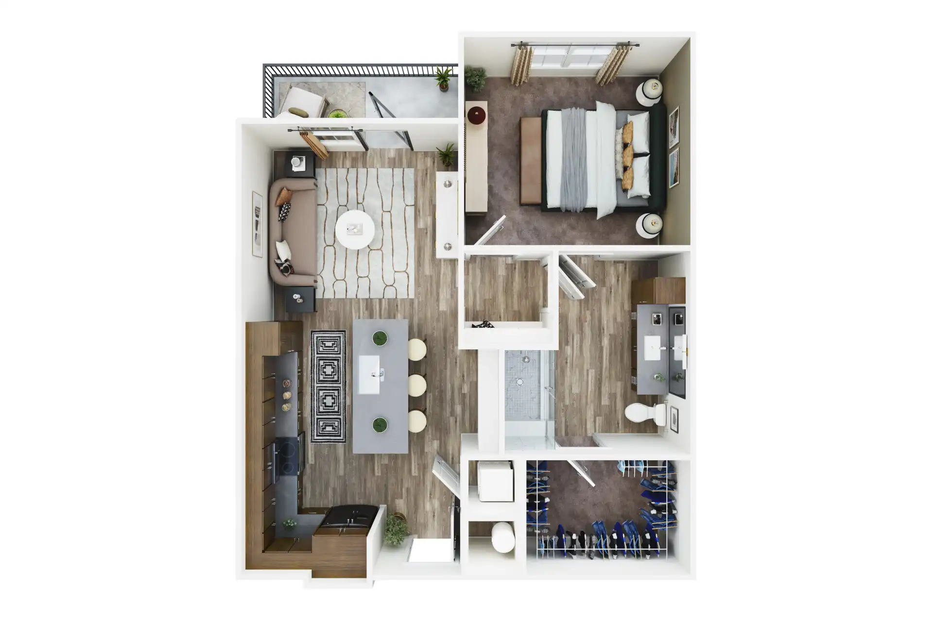 3D furnished rendering of A4- one bedroom one bath 800 sqft apartment