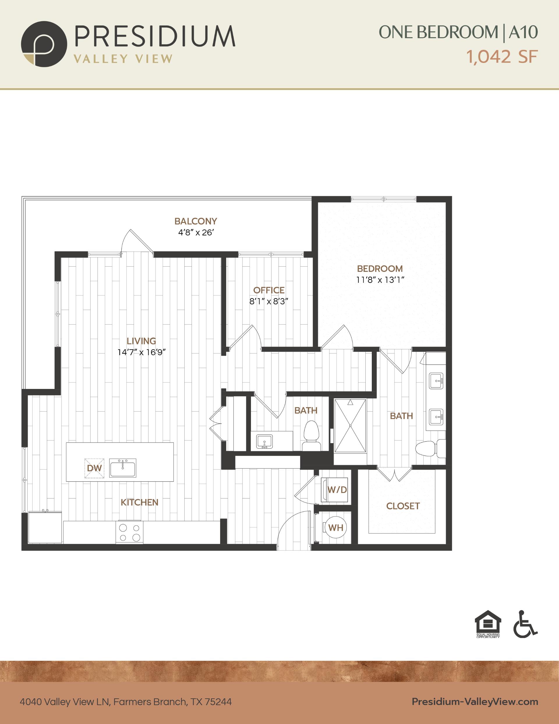 A10- one bedroom one bath with an office 1,042 sqft apartment