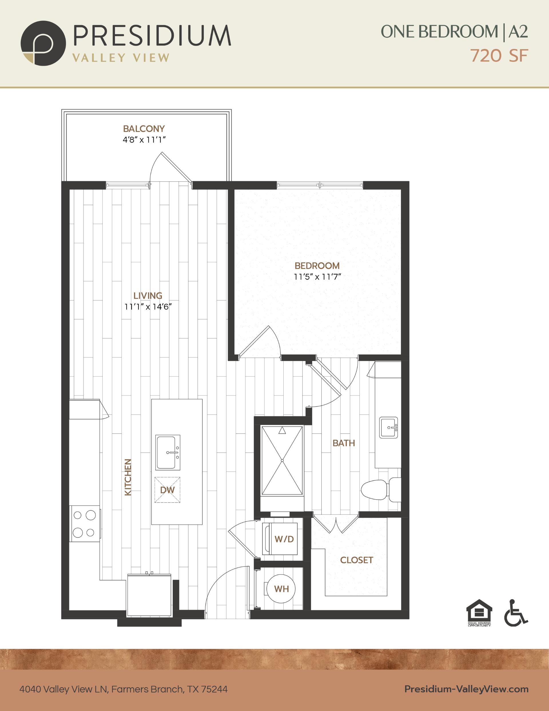 A2- one bedroom one bath 720 sqft apartment