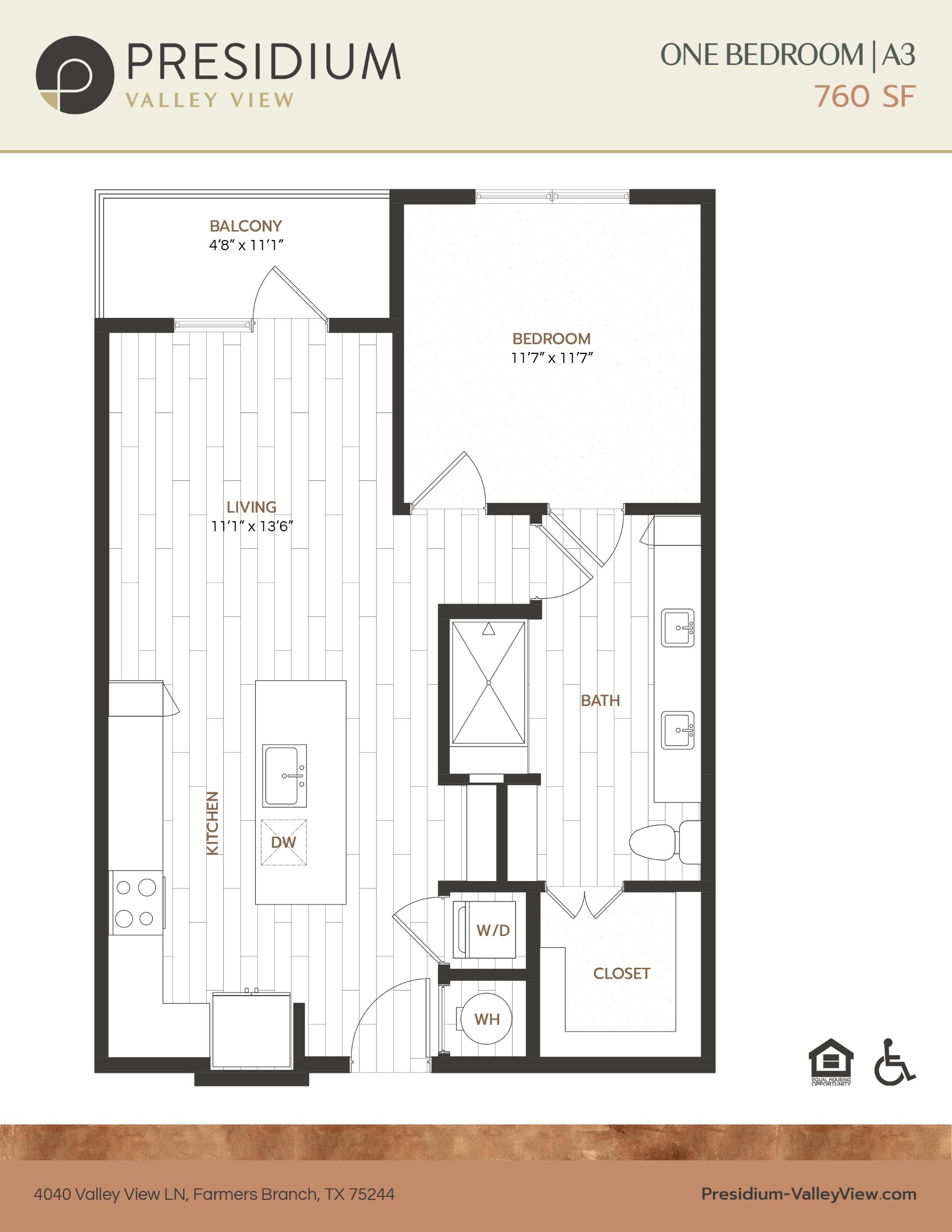 A3- one bedroom one bath 760 sqft apartment