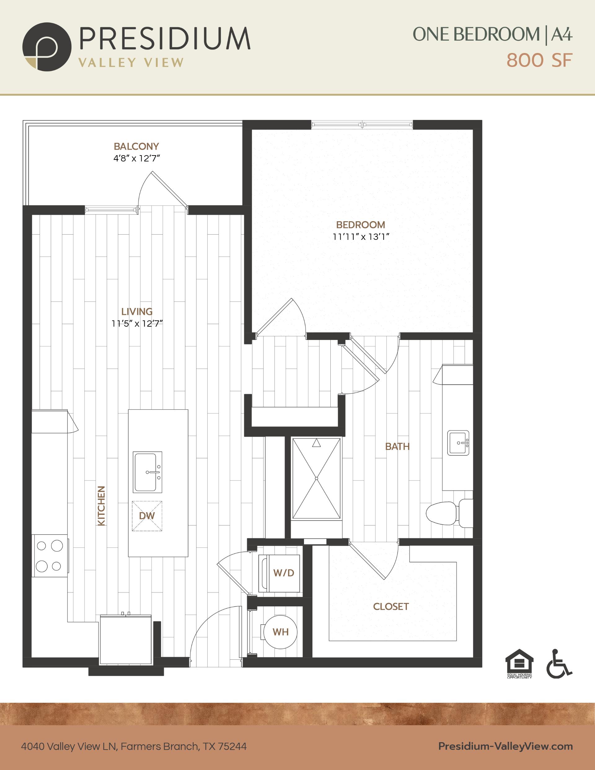 A4- one bedroom one bath 800 sqft apartment