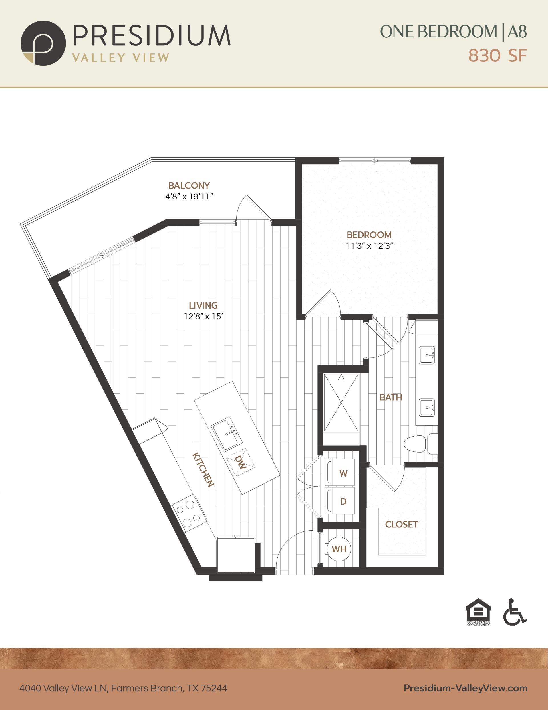 A8- one bedroom one bath 830 sqft apartment
