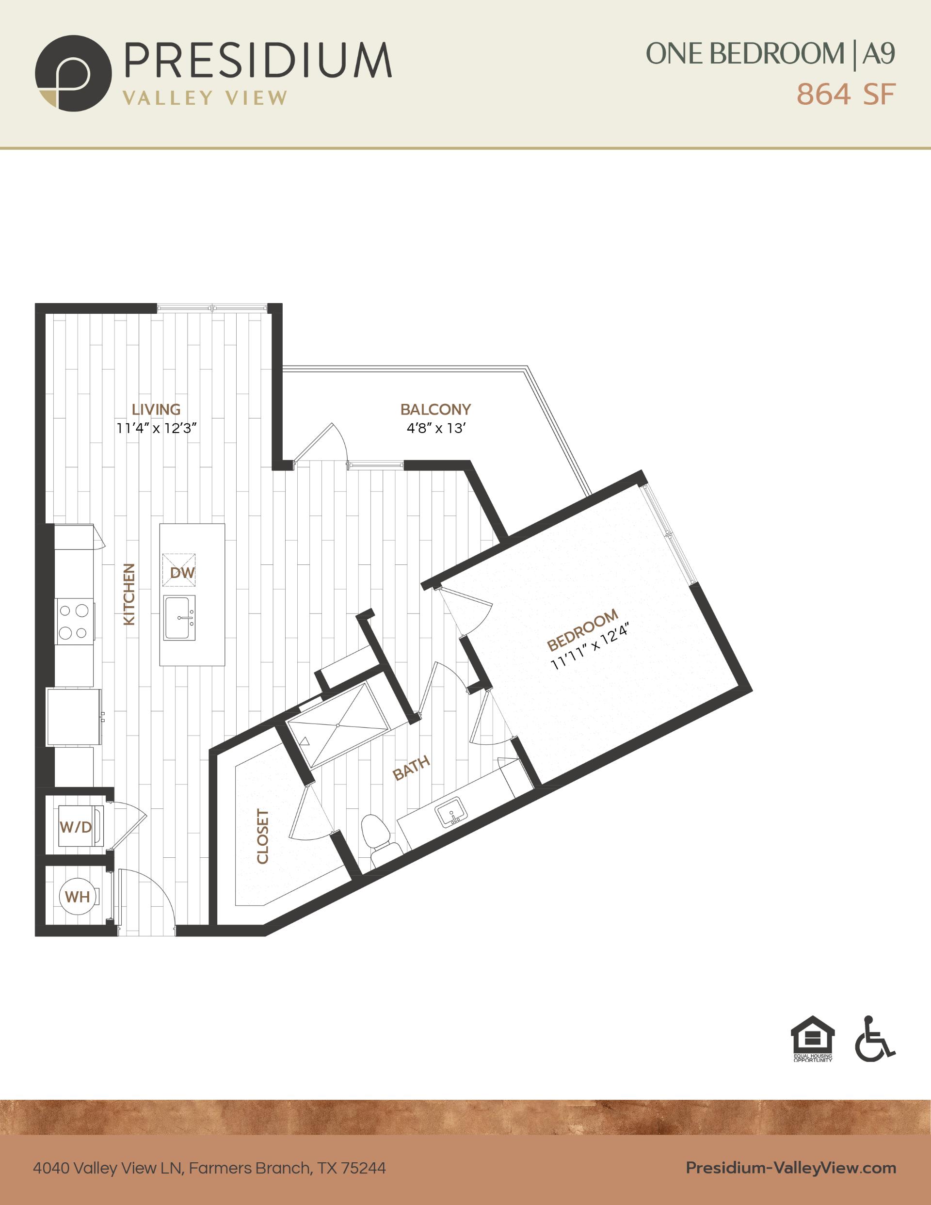 A9- one bedroom one bath 864 sqft apartment