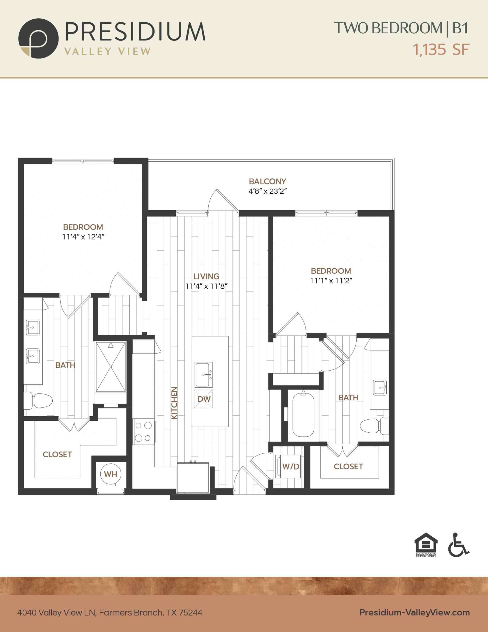 B1 2 bedroom 2 bath 1,135 sqft apartment
