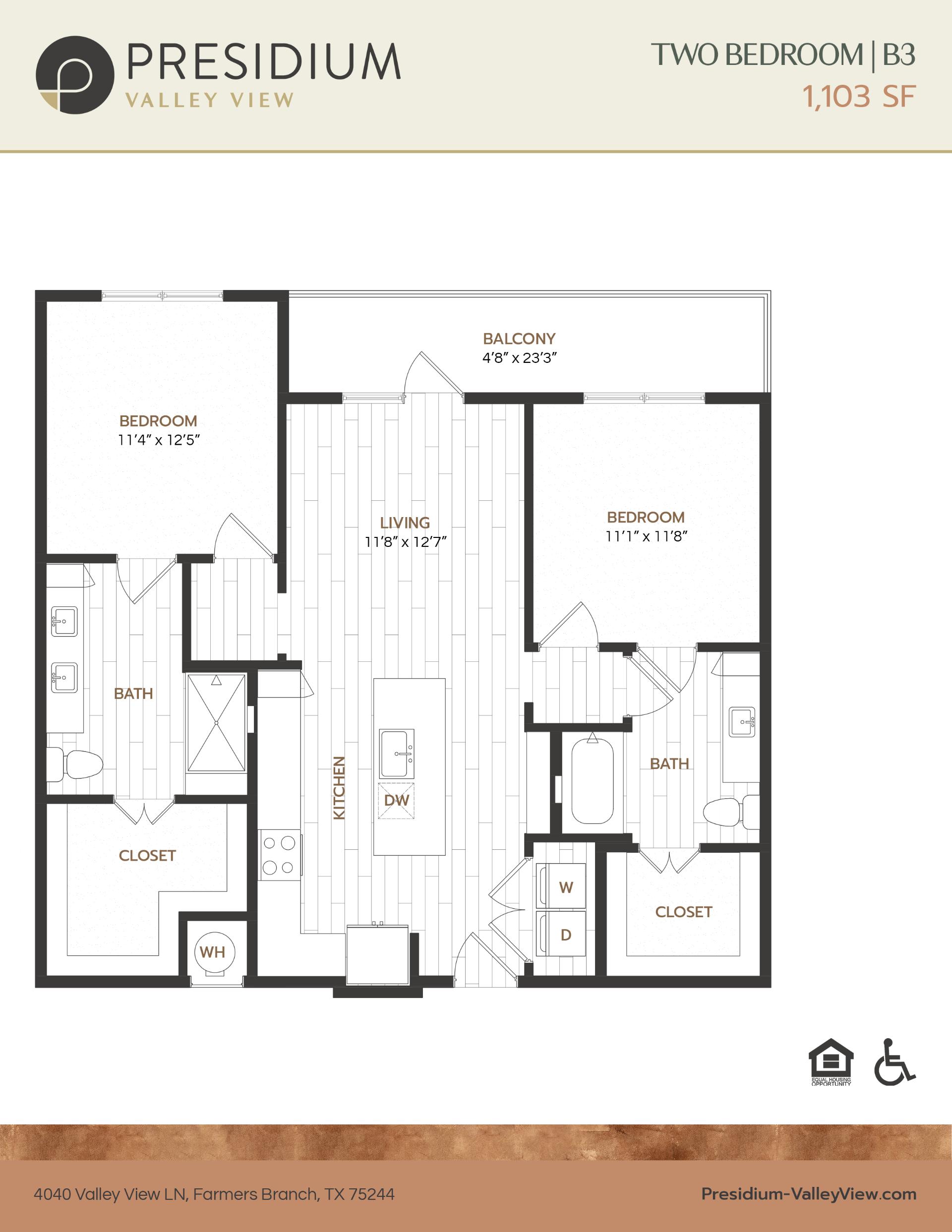 B3 2 bedroom 2 bath 1,103 sqft apartment