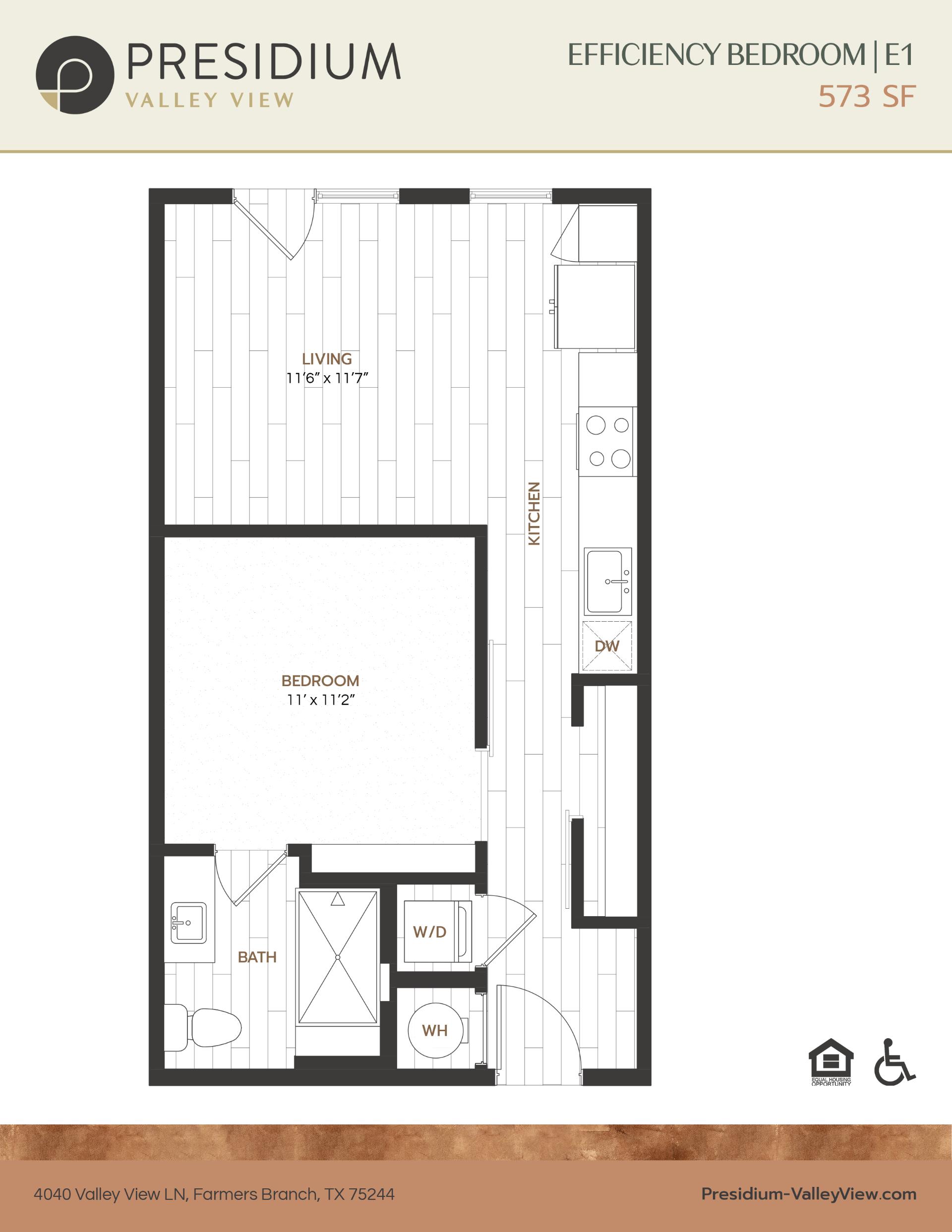 E1- efficiency 573 sqft apartment