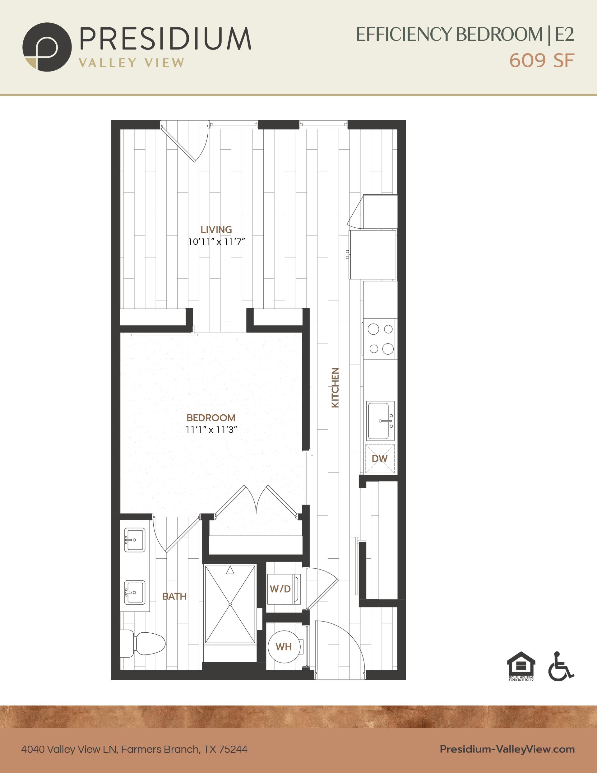 E2- efficiency 609 sqft apartment