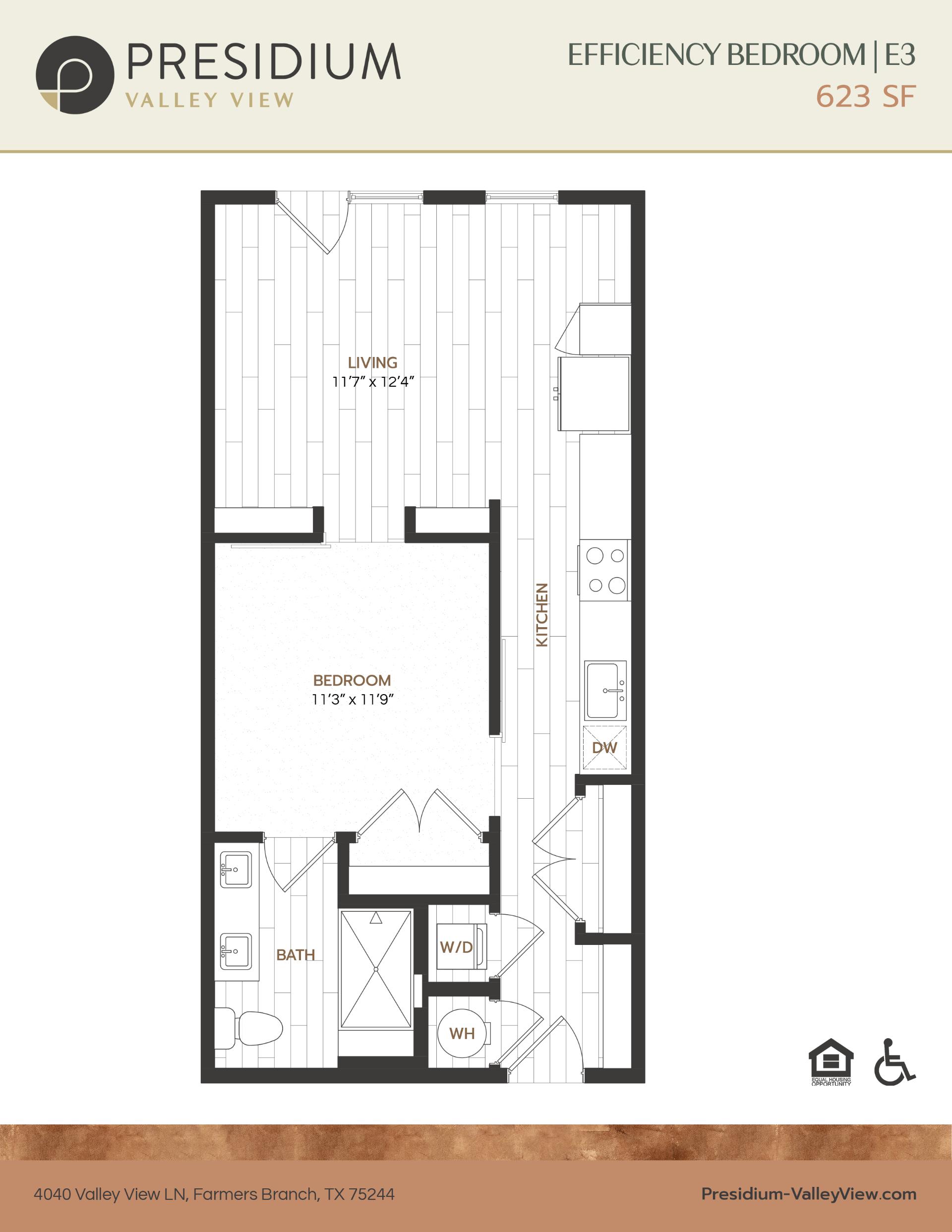 E3- efficiency 623 sqft apartment